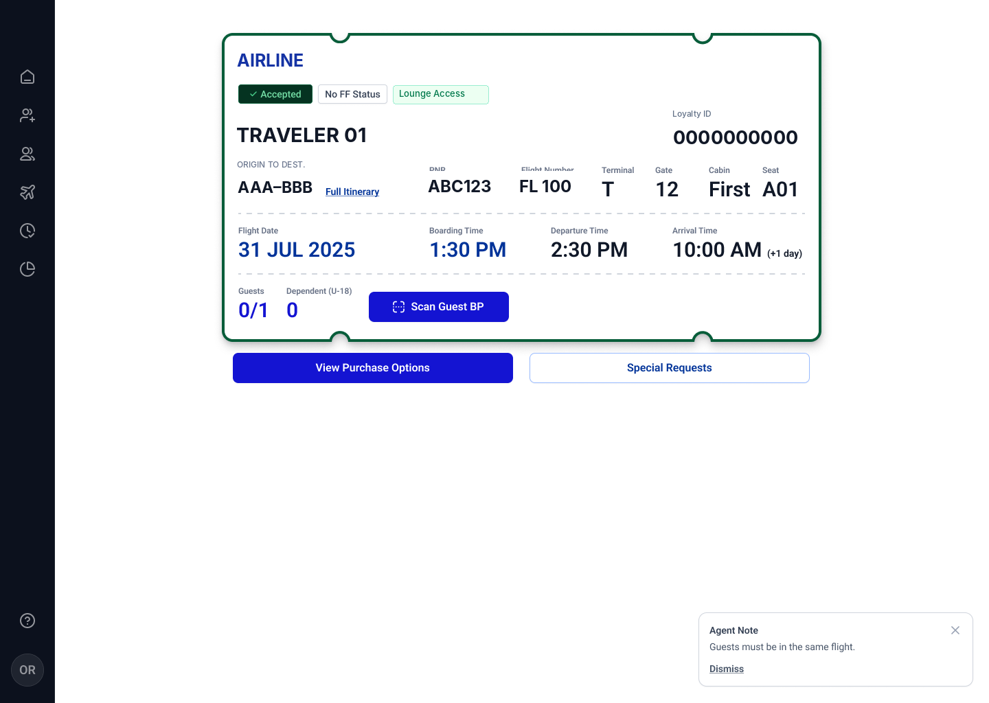 Original agent desktop design showing an accepted passenger, flight details, guest allowance and next actions. Identifying details are anonymized.