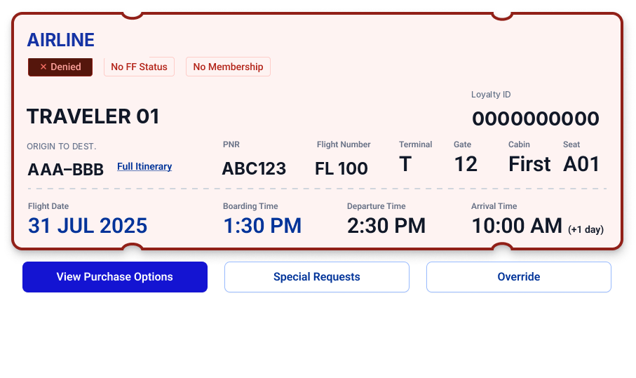 Actual denied passenger ticket design showing reasons and alternatives