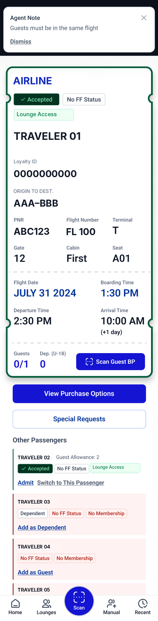 Original responsive guest-handling flow showing guest allowance and a list of accompanying travelers, anonymized