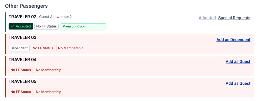 Actual other-passengers list, including options to add a guest or a dependent
