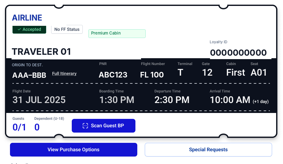 Real premium-cabin ticket design, anonymized while preserving the original dark treatment