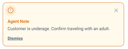 Original Agent Note instructing staff to confirm a minor is traveling with an adult